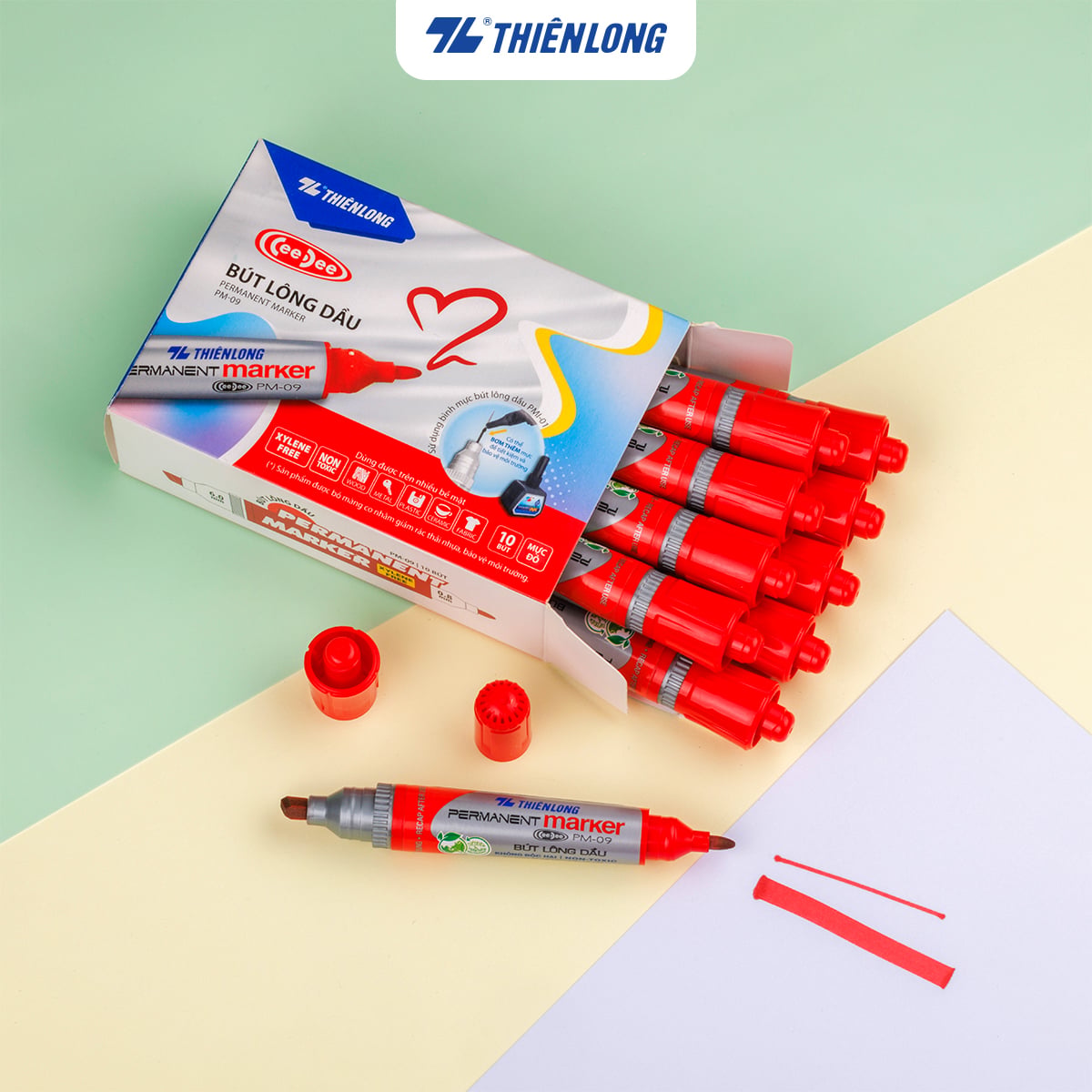 Bút lông dầu Thiên Long PM09 2 đầu Đỏ (10C/Hộp)