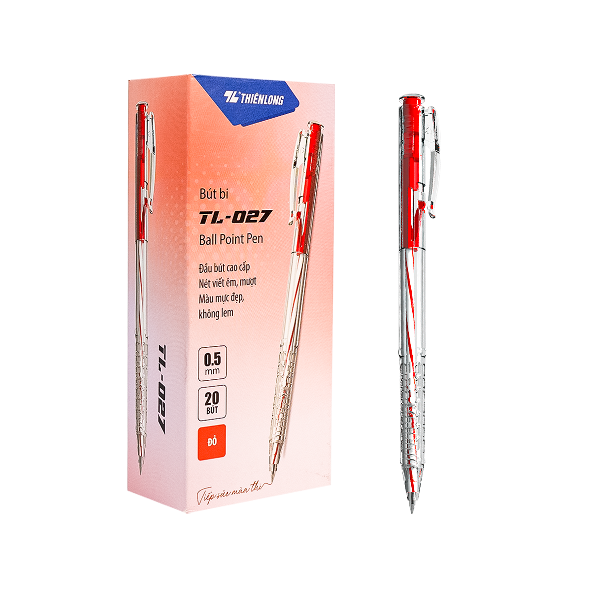 Bút bi Thiên Long 027 Đỏ 0.5MM (20C/HỘP)